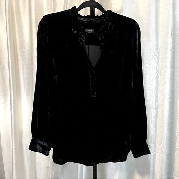 Talbots black velvet, long sleeve, ruffle collar top, size Large - Picture 3 of 11